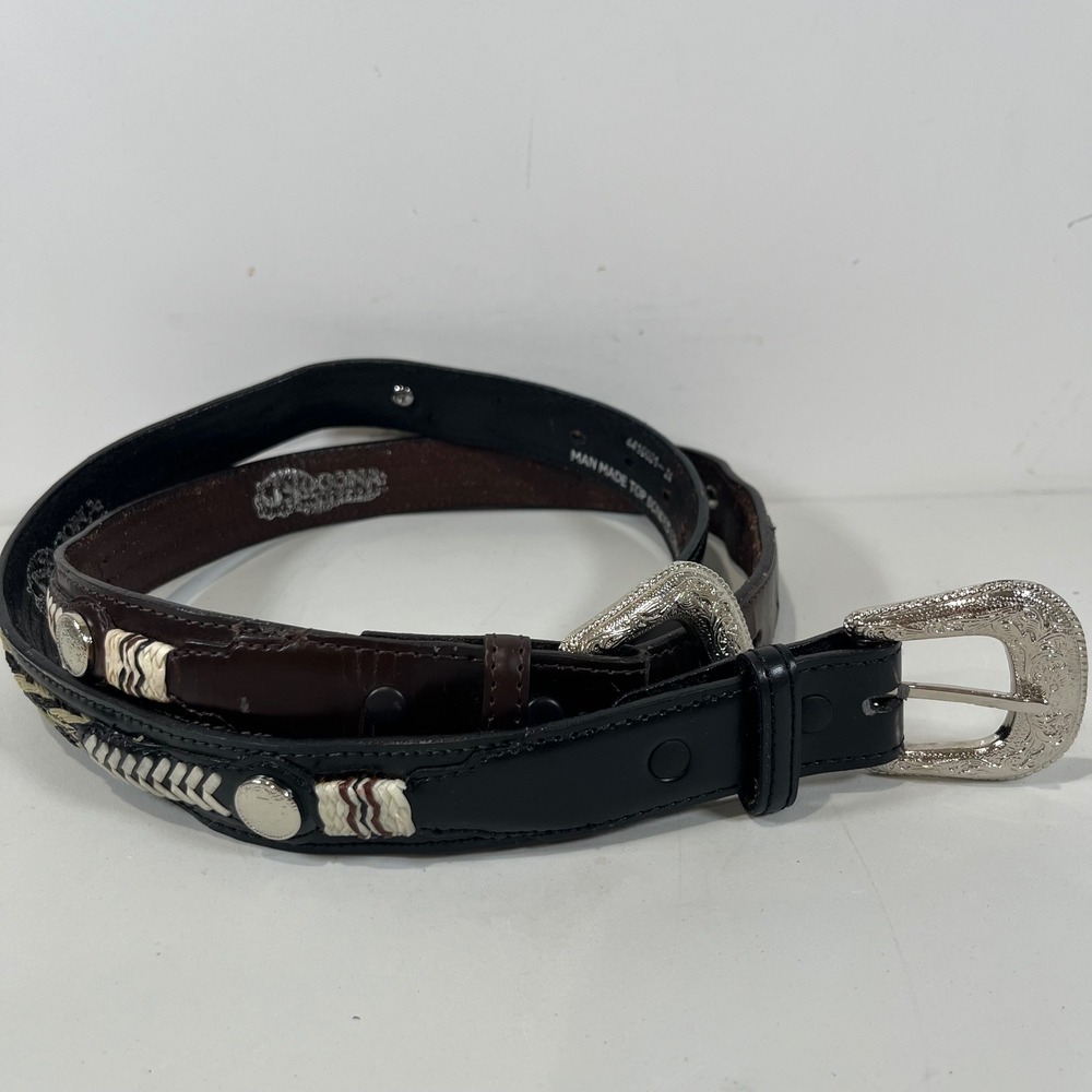 2 Nocona Belt Co Western Belts Kids 24 Black Brown Leather Braided Inlay Cowboy